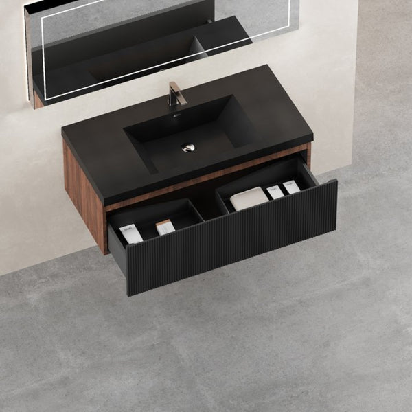 English Elm 42'' Floating Vanity Smoked Walnut Fluted Soft-close Drawer Quartz Basin Bathroom W1573P265199