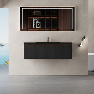 English Elm 48'' Floating Bathroom Vanity Smoked Walnut Fluted Cabinet with Quartz Basin W1573P265202