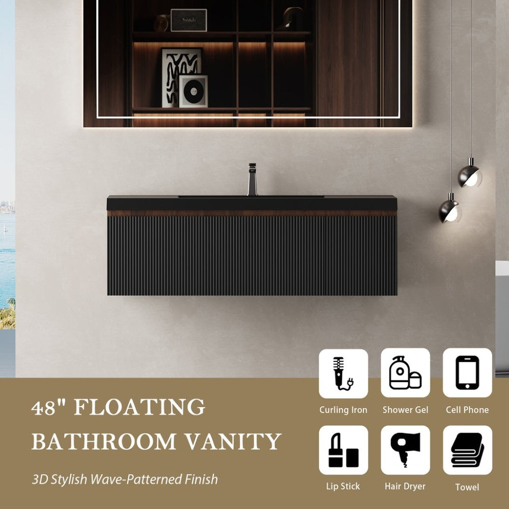 English Elm 48'' Floating Bathroom Vanity Smoked Walnut Fluted Cabinet with Quartz Basin W1573P265202