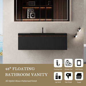 English Elm 48'' Floating Bathroom Vanity Smoked Walnut Fluted Cabinet with Quartz Basin W1573P265202