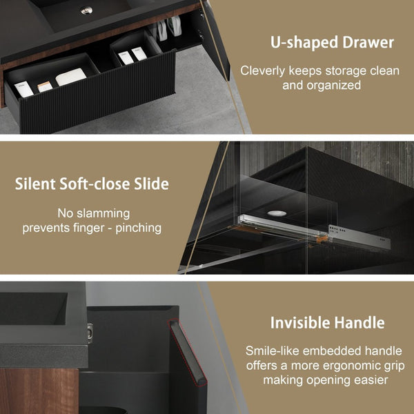 English Elm 48'' Floating Bathroom Vanity Smoked Walnut Fluted Cabinet with Quartz Basin W1573P265202