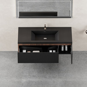 English Elm 48'' Floating Bathroom Vanity Smoked Walnut Fluted Cabinet with Quartz Basin W1573P265202