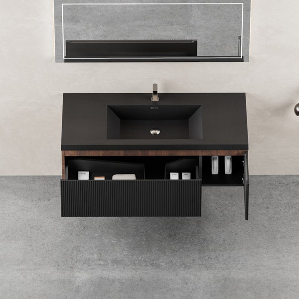English Elm 48'' Floating Bathroom Vanity Smoked Walnut Fluted Cabinet with Quartz Basin W1573P265202
