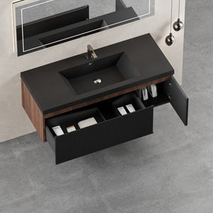 English Elm 48'' Floating Bathroom Vanity Smoked Walnut Fluted Cabinet with Quartz Basin W1573P265202