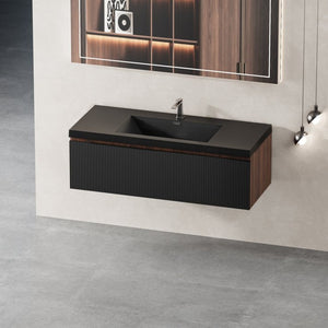 English Elm 48'' Floating Bathroom Vanity Smoked Walnut Fluted Cabinet with Quartz Basin W1573P265202
