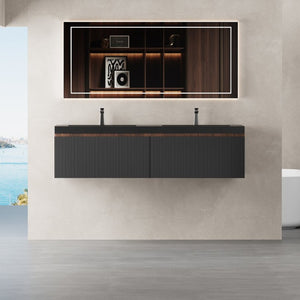 English Elm 60'' Floating Wall Mounted Vanity Fluted Smoked Walnut with Dual Quartz Basins W1573P265203