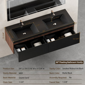 English Elm 60'' Floating Wall Mounted Vanity Fluted Smoked Walnut with Dual Quartz Basins W1573P265203