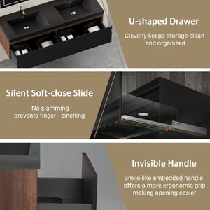 English Elm 72'' Floating Wall-mounted Double Vanity Smoked Walnut Fluted Front Dual Quartz Basins W1573P265206