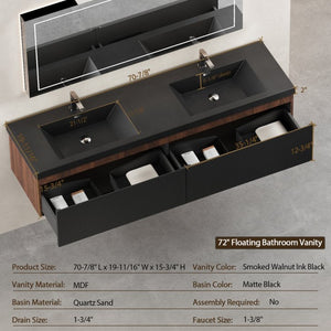 English Elm 72'' Floating Wall-mounted Double Vanity Smoked Walnut Fluted Front Dual Quartz Basins W1573P265206