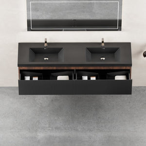 English Elm 72'' Floating Wall-mounted Double Vanity Smoked Walnut Fluted Front Dual Quartz Basins W1573P265206