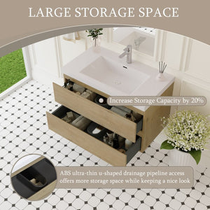 English Elm 36" Floating Wall Mount Bathroom Vanity Natural Oak Soft Close Resin Sink Included W1573S00059