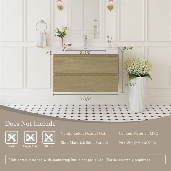 English Elm 36" Floating Wall Mount Bathroom Vanity Natural Oak Soft Close Resin Sink Included W1573S00059