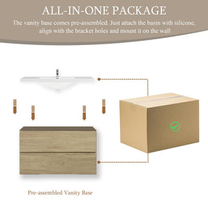 English Elm 36" Floating Wall Mount Bathroom Vanity Natural Oak Soft Close Resin Sink Included W1573S00059