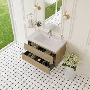 English Elm 36" Floating Wall Mount Bathroom Vanity Natural Oak Soft Close Resin Sink Included W1573S00059