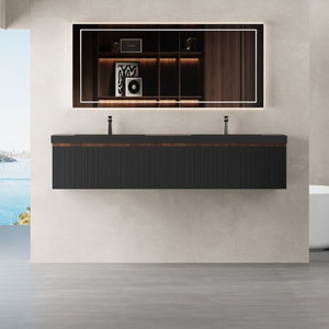 English Elm 72 Inch Wall Mounted Double Bathroom Vanity Smoked Walnut Fluted Drawers Quartz Basins W1573S00065