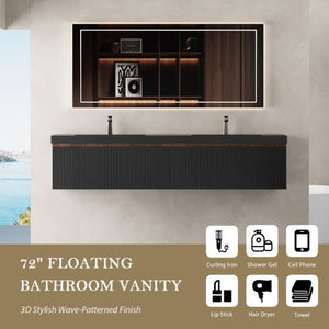 English Elm 72 Inch Wall Mounted Double Bathroom Vanity Smoked Walnut Fluted Drawers Quartz Basins W1573S00065