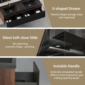 English Elm 72 Inch Wall Mounted Double Bathroom Vanity Smoked Walnut Fluted Drawers Quartz Basins W1573S00065