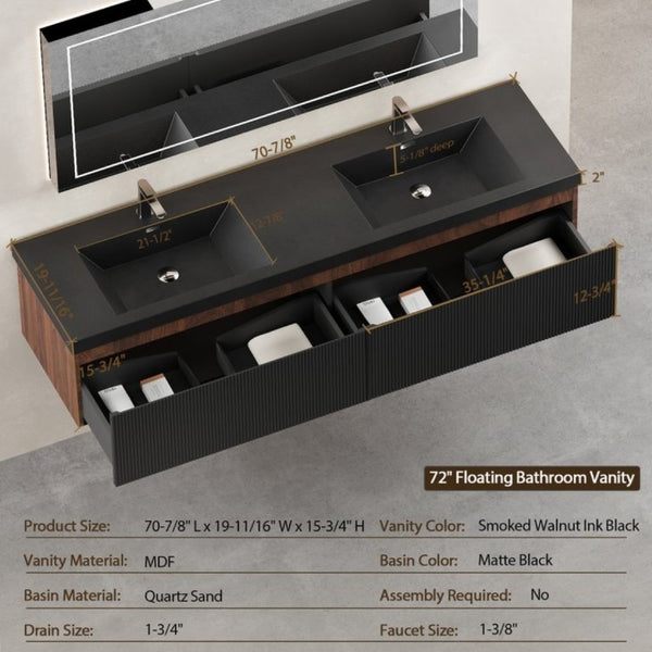 English Elm 72 Inch Wall Mounted Double Bathroom Vanity Smoked Walnut Fluted Drawers Quartz Basins W1573S00065
