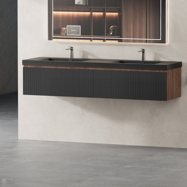 English Elm 72 Inch Wall Mounted Double Bathroom Vanity Smoked Walnut Fluted Drawers Quartz Basins W1573S00065