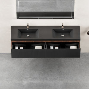 English Elm 72 Inch Wall Mounted Double Bathroom Vanity Smoked Walnut Fluted Drawers Quartz Basins W1573S00065