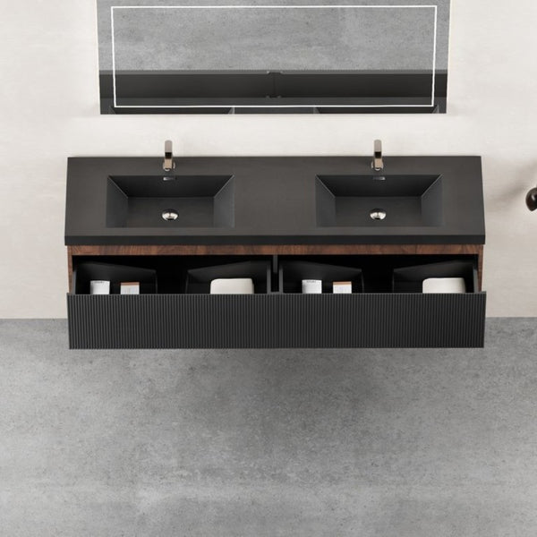 English Elm 72 Inch Wall Mounted Double Bathroom Vanity Smoked Walnut Fluted Drawers Quartz Basins W1573S00065
