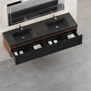 English Elm 72 Inch Wall Mounted Double Bathroom Vanity Smoked Walnut Fluted Drawers Quartz Basins W1573S00065