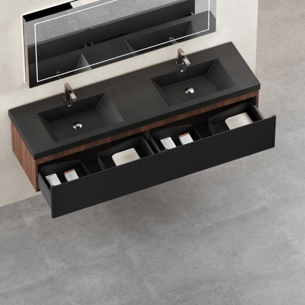 English Elm 72 Inch Wall Mounted Double Bathroom Vanity Smoked Walnut Fluted Drawers Quartz Basins W1573S00065