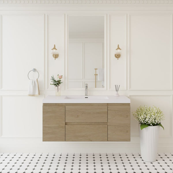 English Elm Floating Bathroom Vanity Natural Oak Wall Mounted Cabinet with Glossy Resin Sink Basin W1573S00068