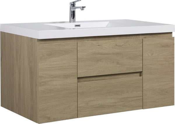 English Elm Floating Bathroom Vanity Natural Oak Wall Mounted Cabinet with Glossy Resin Sink Basin W1573S00068