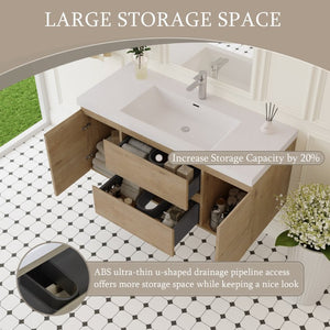 English Elm Floating Bathroom Vanity Natural Oak Wall Mounted Cabinet with Glossy Resin Sink Basin W1573S00068