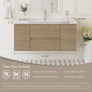 English Elm Floating Bathroom Vanity Natural Oak Wall Mounted Cabinet with Glossy Resin Sink Basin W1573S00068