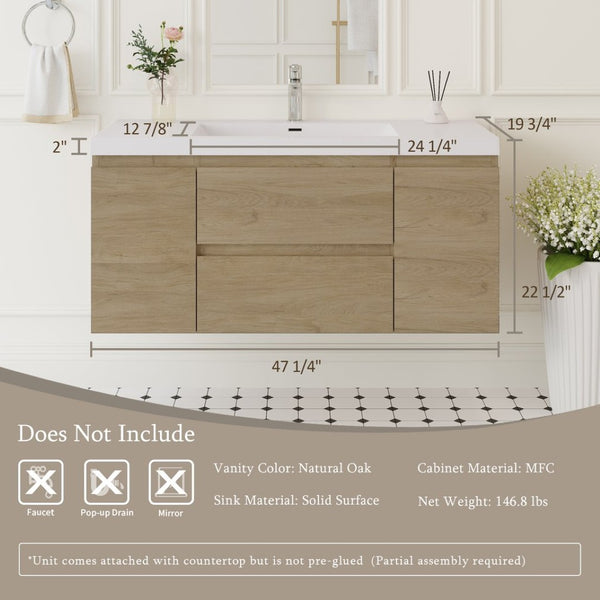 English Elm Floating Bathroom Vanity Natural Oak Wall Mounted Cabinet with Glossy Resin Sink Basin W1573S00068