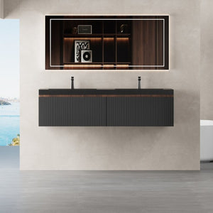 English Elm Floating Double Sink Vanity Fluted Smoked Walnut Cabinet with Quartz Basins W1573S00104