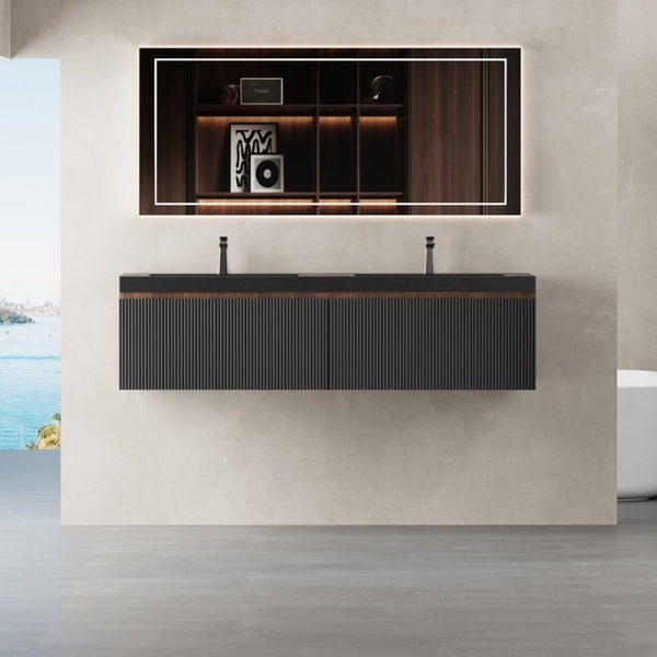 English Elm Floating Double Sink Vanity Fluted Smoked Walnut Cabinet with Quartz Basins W1573S00104