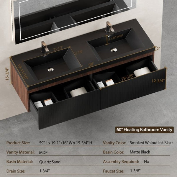 English Elm Floating Double Sink Vanity Fluted Smoked Walnut Cabinet with Quartz Basins W1573S00104