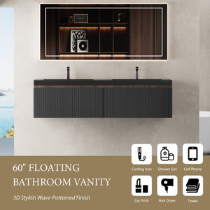 English Elm Floating Double Sink Vanity Fluted Smoked Walnut Cabinet with Quartz Basins W1573S00104