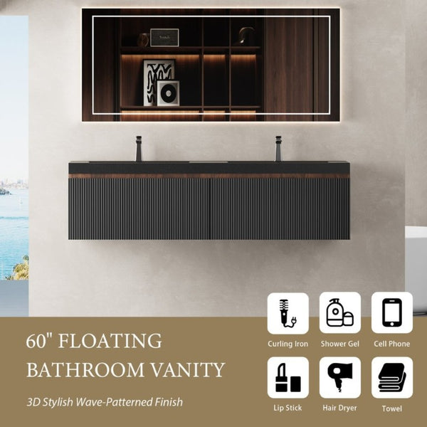 English Elm Floating Double Sink Vanity Fluted Smoked Walnut Cabinet with Quartz Basins W1573S00104