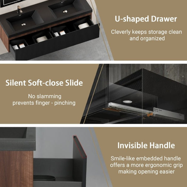 English Elm Floating Double Sink Vanity Fluted Smoked Walnut Cabinet with Quartz Basins W1573S00104
