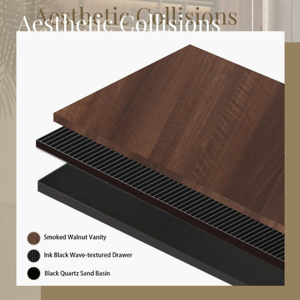 English Elm Floating Double Sink Vanity Fluted Smoked Walnut Cabinet with Quartz Basins W1573S00104