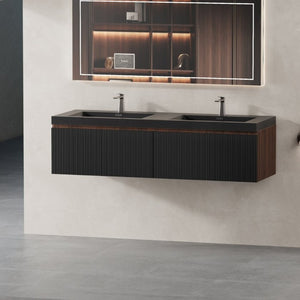 English Elm Floating Double Sink Vanity Fluted Smoked Walnut Cabinet with Quartz Basins W1573S00104