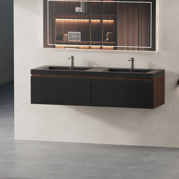 English Elm Floating Double Sink Vanity Fluted Smoked Walnut Cabinet with Quartz Basins W1573S00104