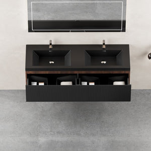 English Elm Floating Double Sink Vanity Fluted Smoked Walnut Cabinet with Quartz Basins W1573S00104