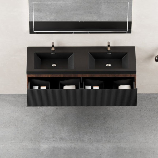 English Elm Floating Double Sink Vanity Fluted Smoked Walnut Cabinet with Quartz Basins W1573S00104