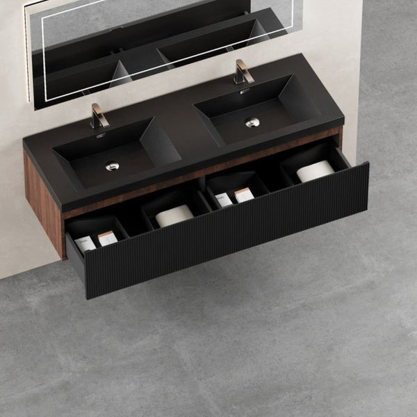 English Elm Floating Double Sink Vanity Fluted Smoked Walnut Cabinet with Quartz Basins W1573S00104
