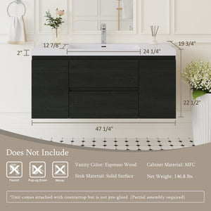 English Elm Floating Wall Mount Bathroom Vanity Espresso Wood Soft Close Drawers Resin Basin W1573S00109