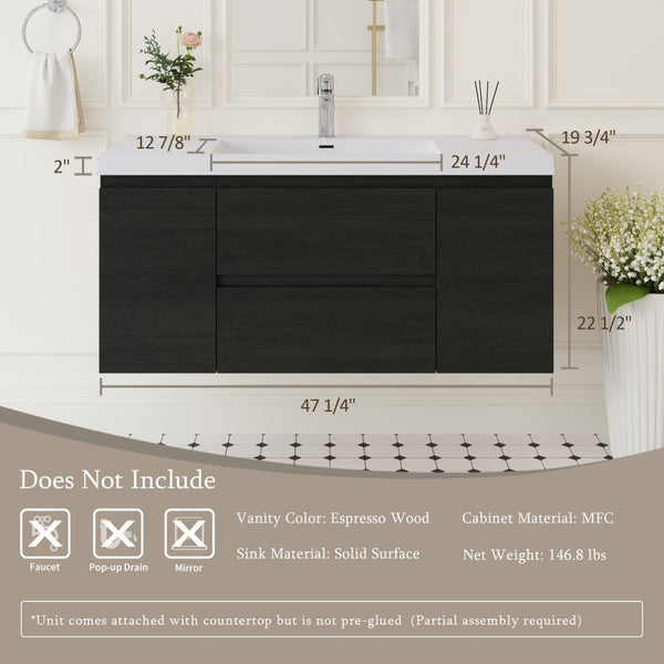 English Elm Floating Wall Mount Bathroom Vanity Espresso Wood Soft Close Drawers Resin Basin W1573S00109