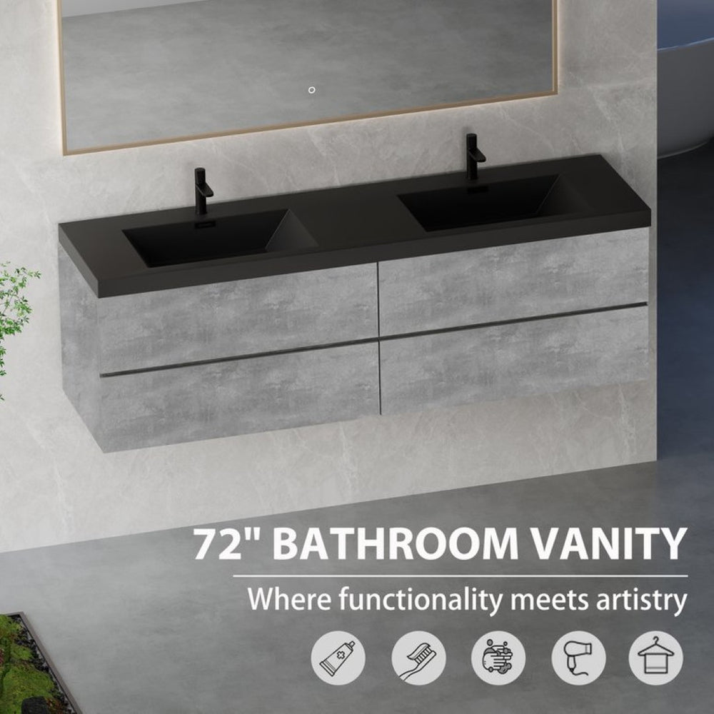 English Elm 72" Floating Bathroom Vanity Double Sink Four Soft-close Drawers Cement Grey Cabinet W1573S00114