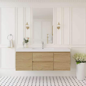 English Elm 60" Floating Wall Mount Bathroom Vanity Solid Resin Basin Soft Close Spa Modern Oak W1573S00115