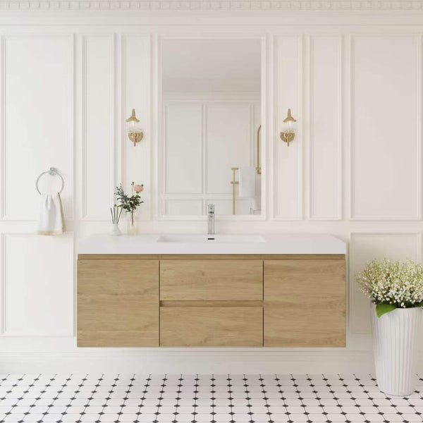 English Elm 60" Floating Wall Mount Bathroom Vanity Solid Resin Basin Soft Close Spa Modern Oak W1573S00115