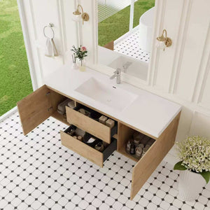 English Elm 60" Floating Wall Mount Bathroom Vanity Solid Resin Basin Soft Close Spa Modern Oak W1573S00115